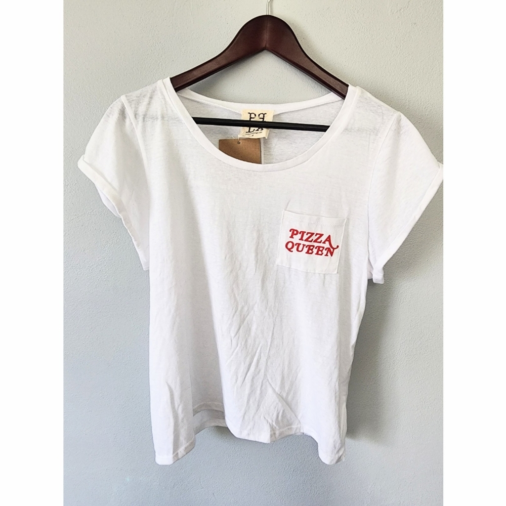 Ppla clothing pizza queen burnout white scoopneck tshirt with front pockets